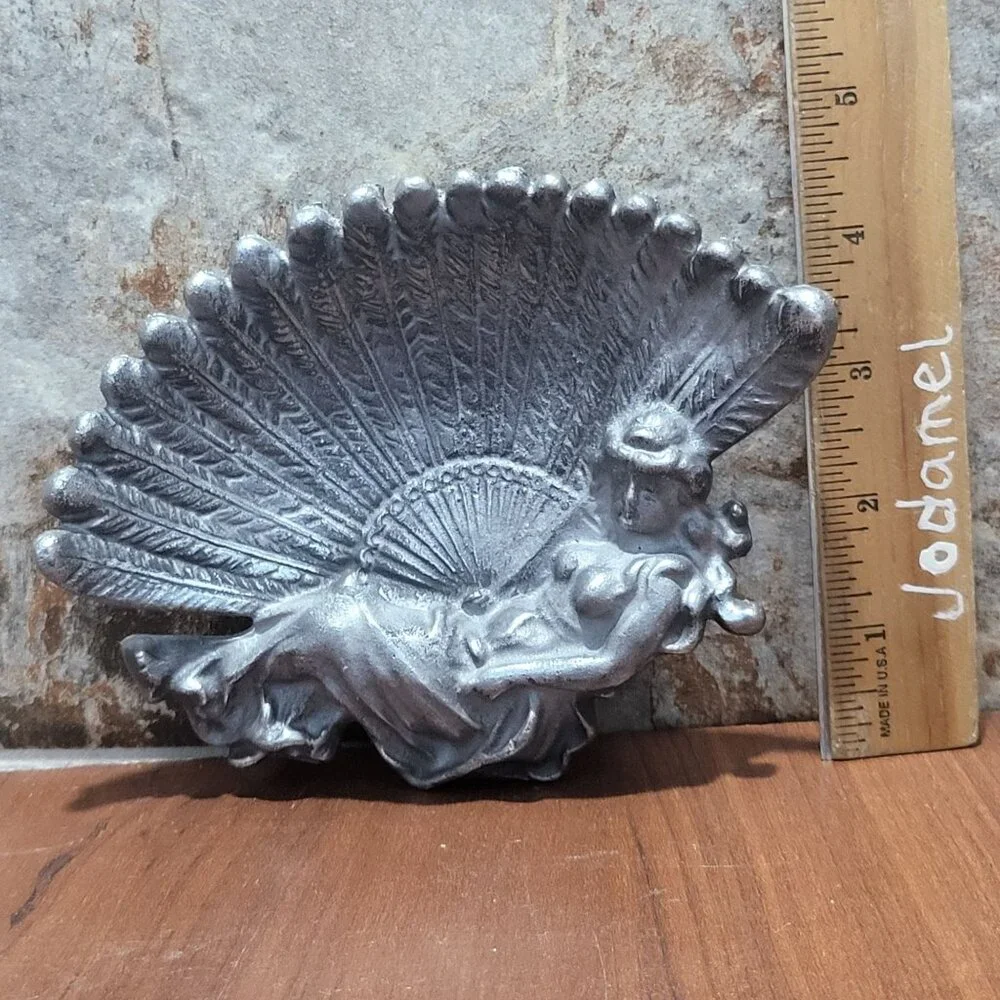 Vintage Cast Metal Trinket Dish Feather Fan Boudoir Lady - Picture 7 of 11